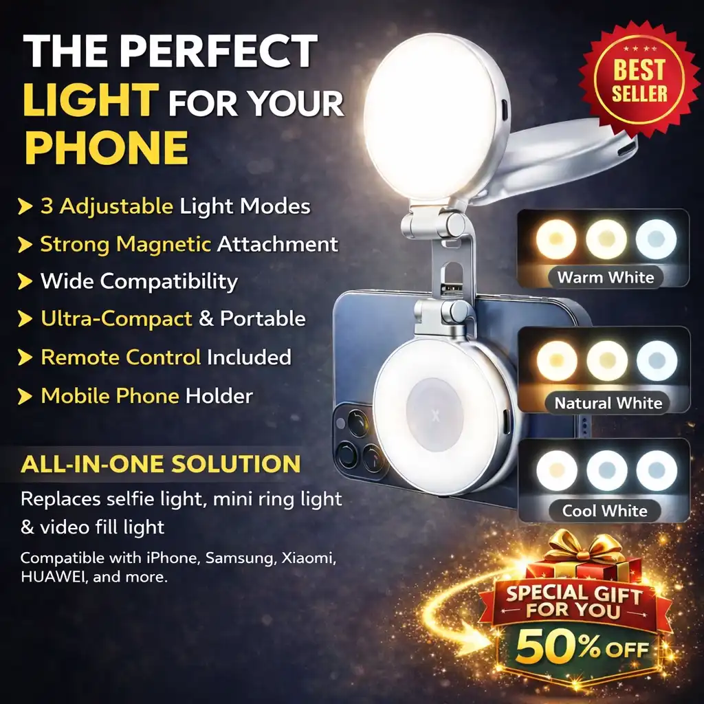 Magnetic Mini Selfie Fill Light – 3 Lighting Modes, Adjustable Brightness, Compatible with iPhone & Android